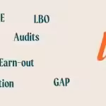 Mots-clés financiers incluant TPE, PME, LBO, audits, valorisation, GAP, earn-out, et LOI sur un fond clair.