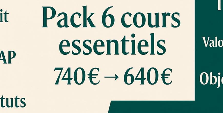 Affiche présentant un pack de 6 cours essentiels avec un prix de 740€ réduit à 640€.