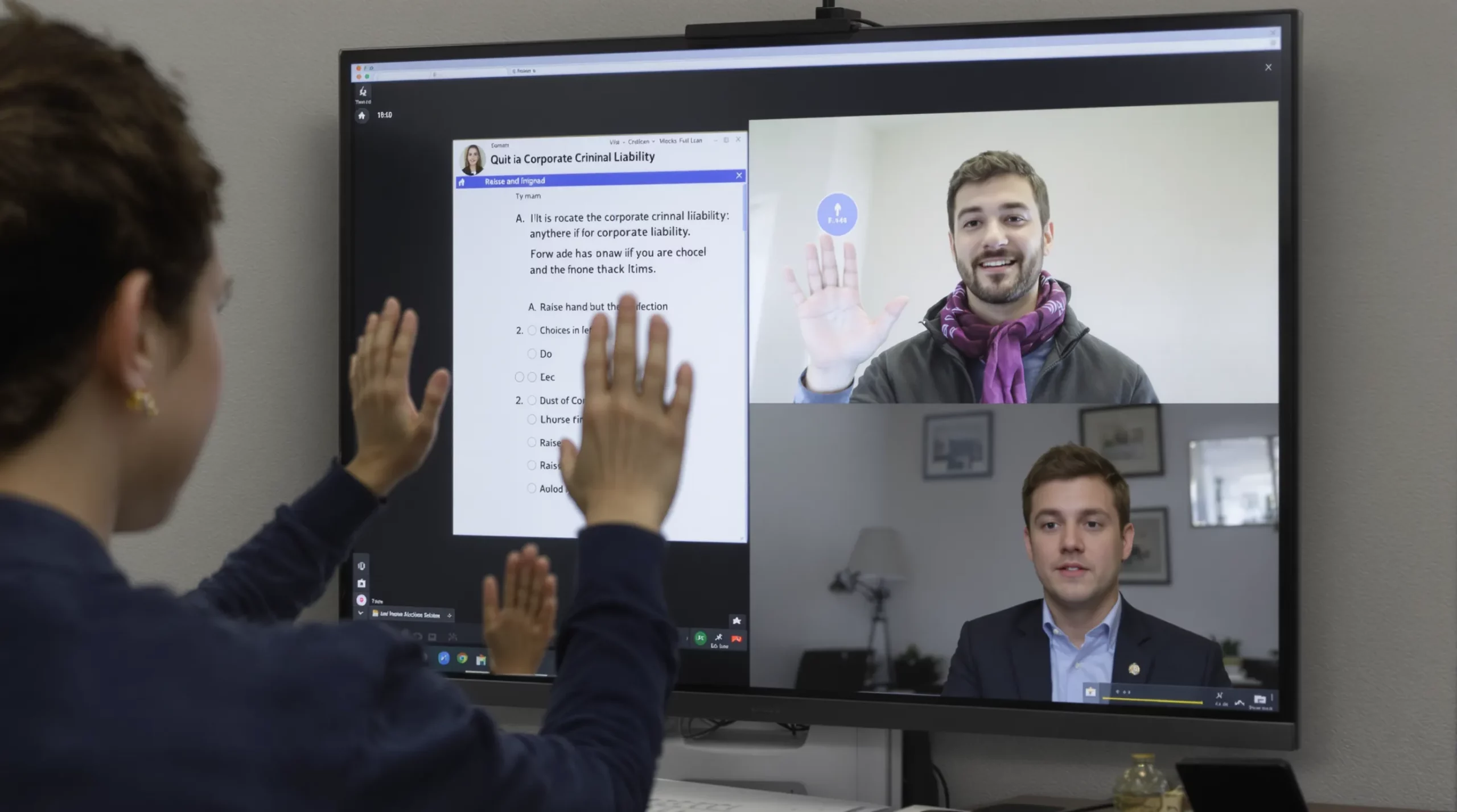 Écran partagé montrant un quiz interactif sur la responsabilité pénale du dirigeant. Trois étudiants en visioconférence, deux femmes et un homme, lèvent la main via la fonction « raise hand ».