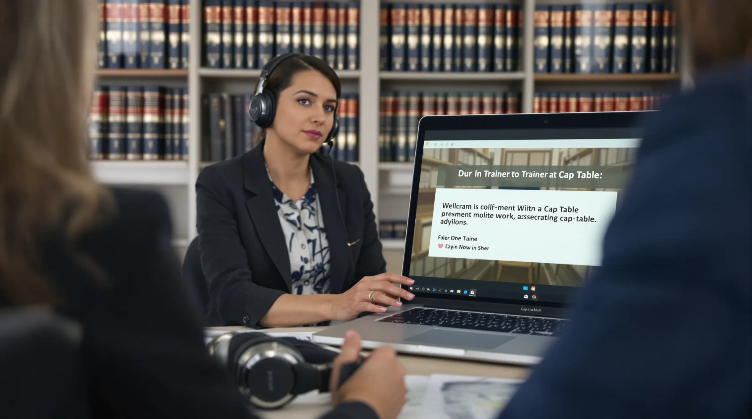 Une avocate assise à son bureau suit un webinaire sur son ordinateur portable tandis qu’un casque audio se trouve sur la table. Dans l’écran, on distingue un formateur présentant un tableau de cap tables. La bibliothèque en arrière-plan est remplie d’ouvrages juridiques.