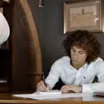 woman in white dress shirt holding pen writing on white paper