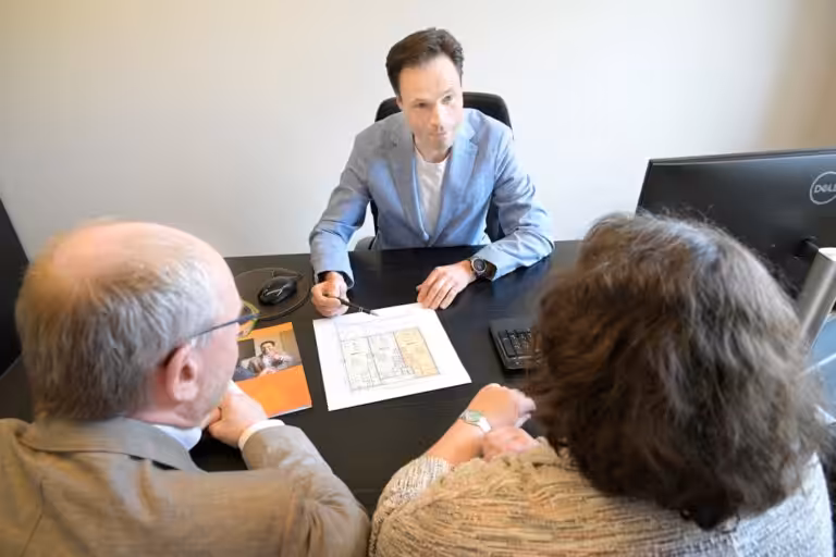 Consultant explains plans to a couple during a business meeting