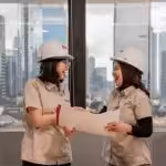 Two women in hard hats discussing blueprints